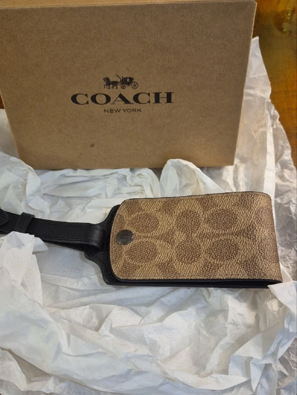 Coach Tan and Black Signature Luggage Tag In Coach Box